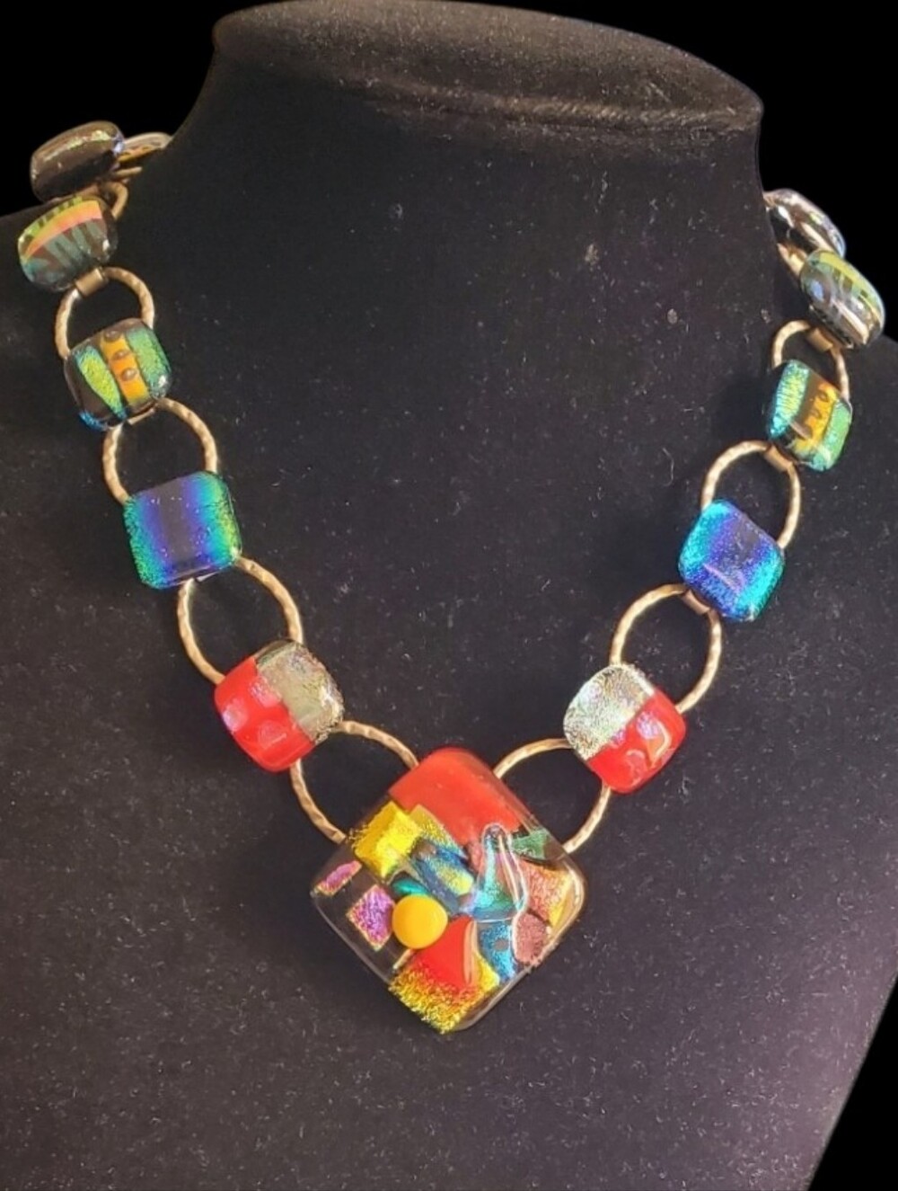 Vtg. Mosaic Venetian Multicolor Dichroic Glass Pendant Necklace
